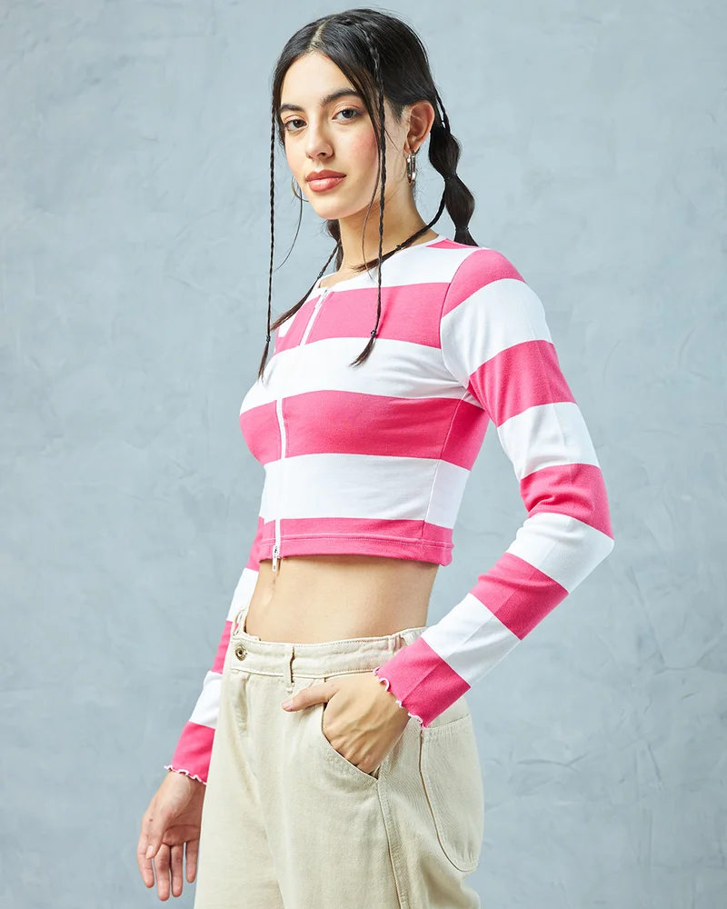 بيواكوف Women's White & Pink Striped Slim Fit Short Top